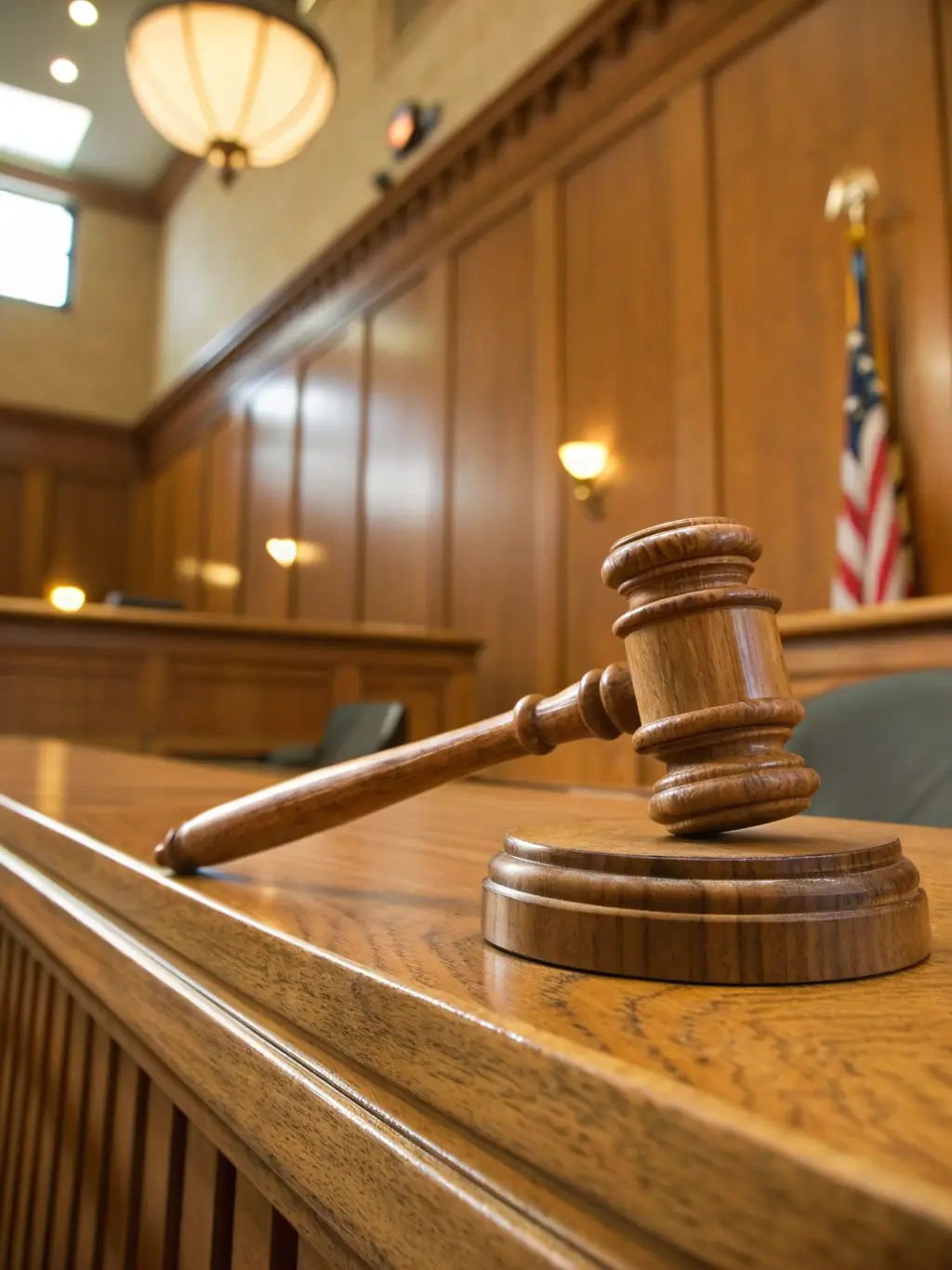 A solemn judge's gavel resting on a sound block in a quiet courtroom, symbolizing the gravity of divorce proceedings.